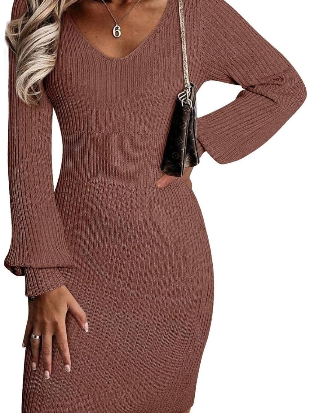 V-Neck Ribbed Midi Dress in Mauve with Long Balloon Sleeves